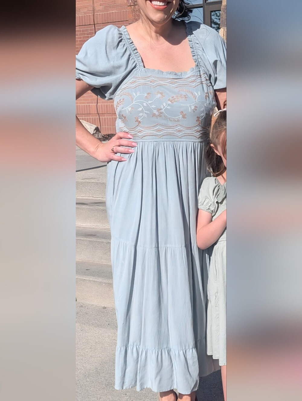 Light Blue Embroidered Square-Neck Maxi Dress